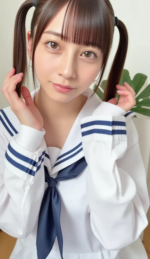one person、16 years old、Full body photo、Twin tails、slender、woman、White drool coming out of the mouth、smile、Very short hairstyle、 Fair skin, messy hair, super cute、Soft and Face、8K resolution、Surreal、Ultra high definition、 A-cup small breasts（（Highest resolution、8k、masterpiece：1.3））、Ultra-fine face、Ultra Fine Lips、Beautiful Eyes、double eyelid,Light blue wall、Sailor suit、Red mini skirt、Thighs、thin,Thighs are visible、Shapely small breasts、