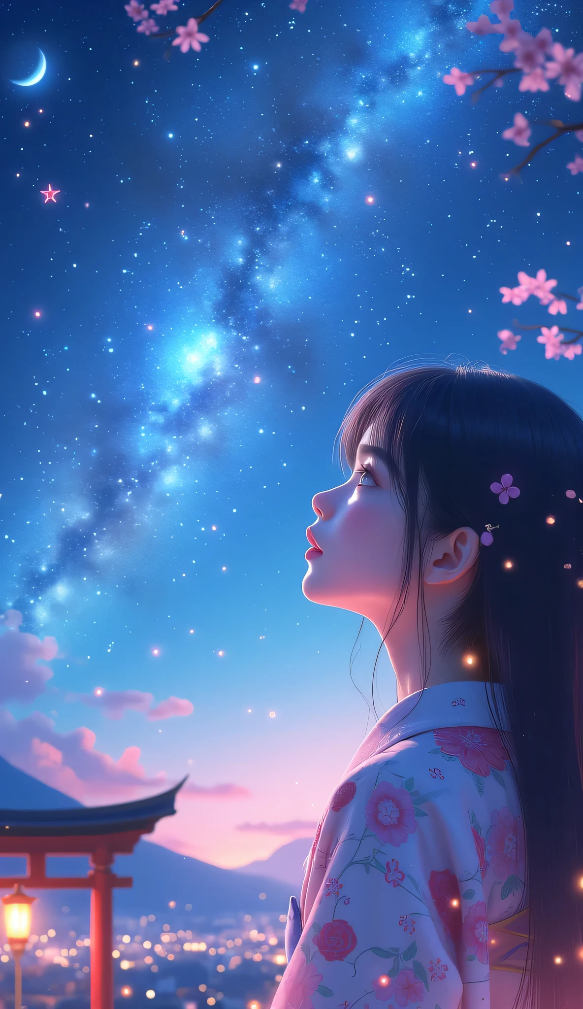 Milky Way Galaxy View and Night Sky 、one woman、Straight Hair、Beautiful Shiny Hair、bundle、long sleeve、detailed eyes and face、Eye Enhancement、soft lighting、High Resolution Unified CG 8K Wallpaper、Intricate Details、portrait、staring at the stars、alone、half shot、delicate face、soft smile during housework、 classical period 、(Ancient Japan Theme:1.1)、Japanese mythology、pink flower pattern kimono、 ancient theme 、(Thriving Civilization:)、Background Moon、( pure white :1。hrine、red)torii、 Japanese landscape 、 Ancient City in the Background 、 Lantern、Night stars、 portraits 。