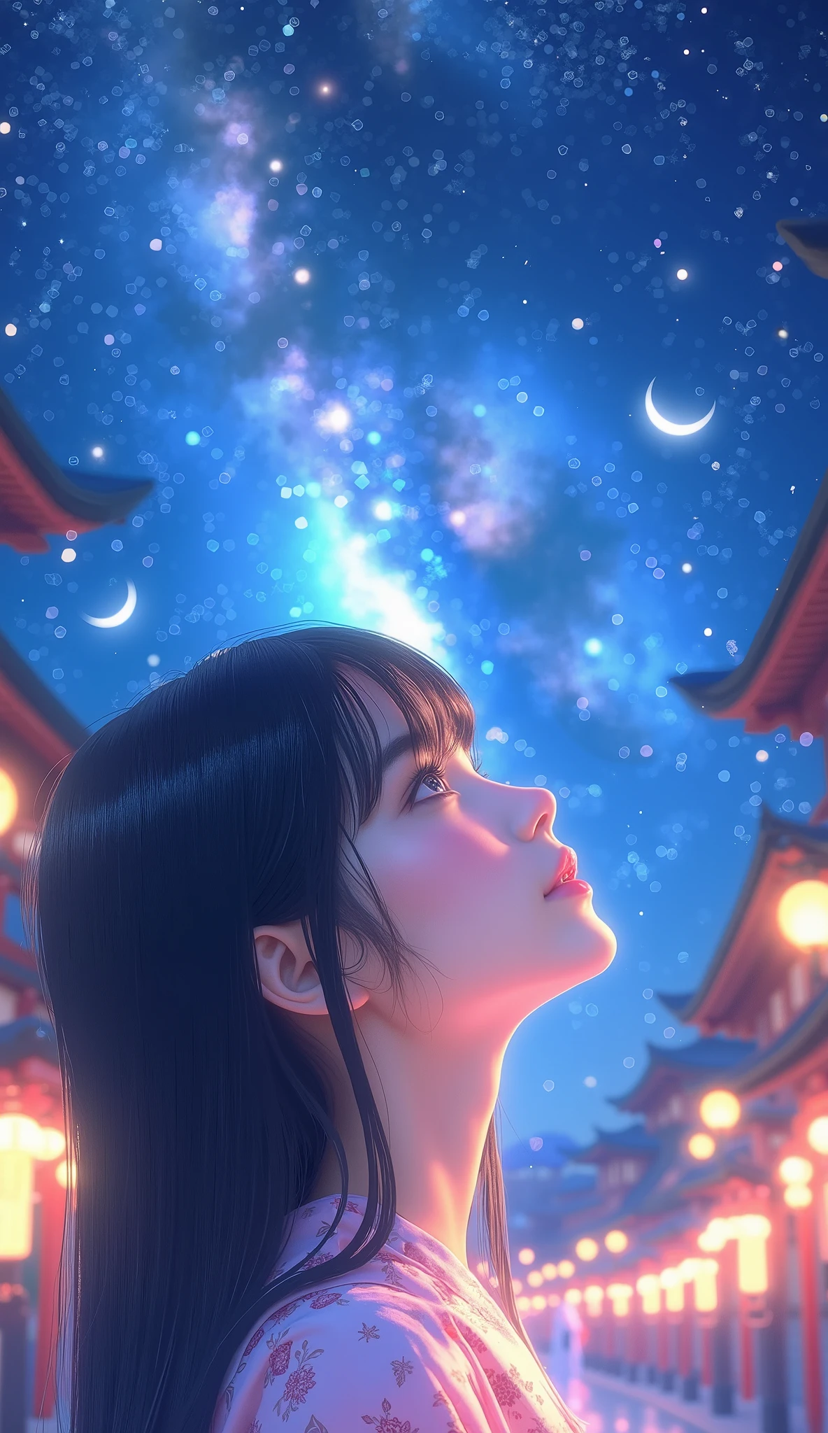Milky Way Galaxy View and Night Sky 、one woman、Straight Hair、Beautiful Shiny Hair、bundle、long sleeve、detailed eyes and face、Eye Enhancement、soft lighting、High Resolution Unified CG 8K Wallpaper、Intricate Details、portrait、staring at the stars、alone、half shot、delicate face、soft smile during housework、 classical period 、(Ancient Japan Theme:1.1)、Japanese mythology、pink flower pattern kimono、 ancient theme 、(Thriving Civilization:)、Background Moon、( pure white :1。hrine、red)torii、 Japanese landscape 、 Ancient City in the Background 、 Lantern、Night stars、 portraits 。