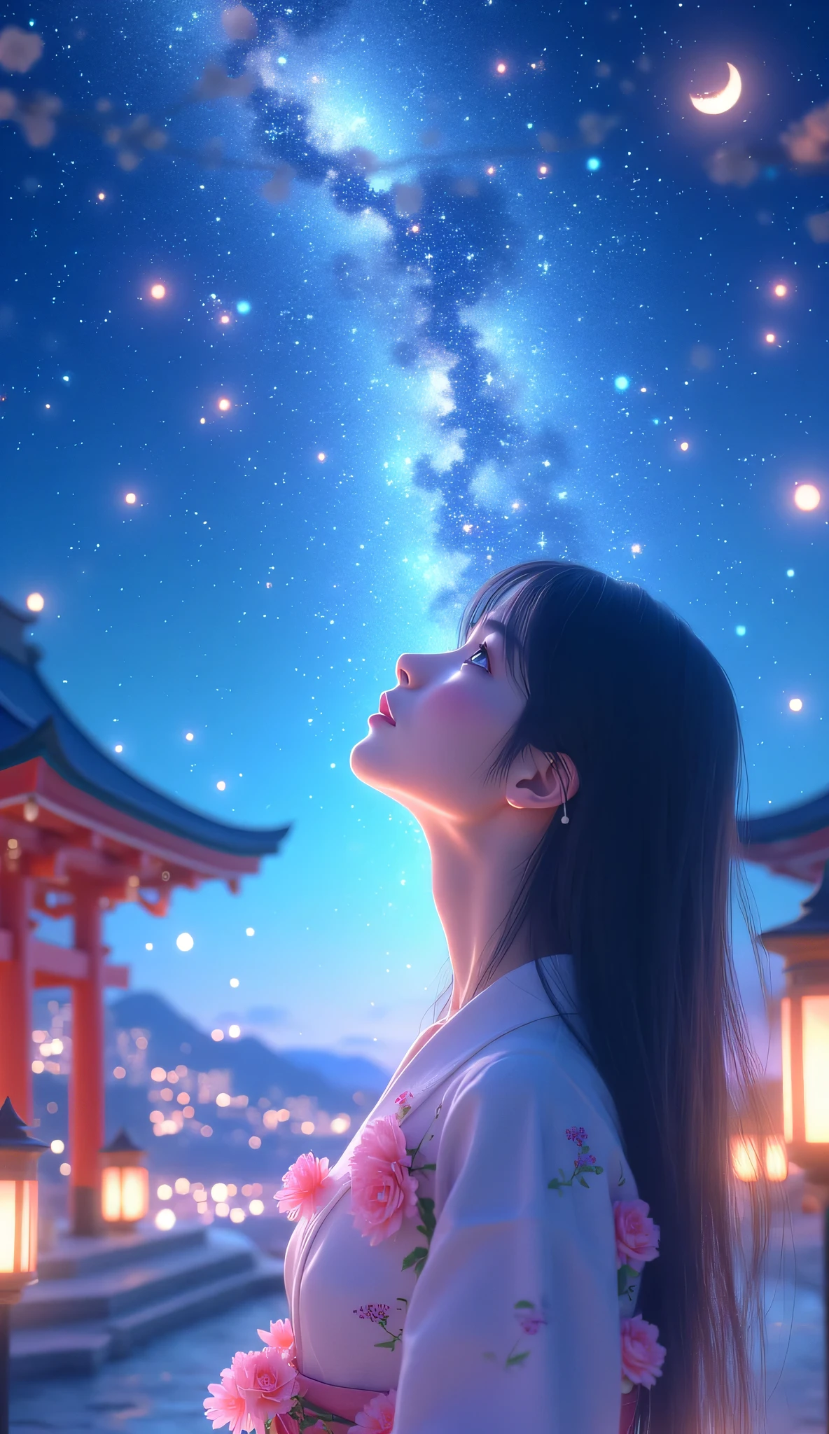 Milky Way Galaxy View and Night Sky 、one woman、Straight Hair、Beautiful Shiny Hair、bundle、long sleeve、detailed eyes and face、Eye Enhancement、soft lighting、High Resolution Unified CG 8K Wallpaper、Intricate Details、portrait、staring at the stars、alone、half shot、delicate face、soft smile during housework、 classical period 、(Ancient Japan Theme:1.1)、Japanese mythology、pink flower pattern kimono、 ancient theme 、(Thriving Civilization:)、Background Moon、( pure white :1。hrine、red)torii、 Japanese landscape 、 Ancient City in the Background 、 Lantern、Night stars、 portraits 。