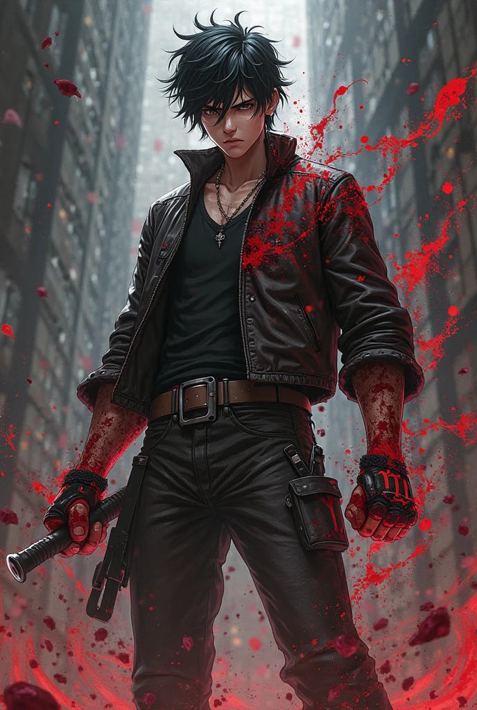 (best quality, masterpiece), 1guy, solo, young, pale skin, bruises under the eyes, dark modern clothes, dynamic pose, Staz (Blood Lad), blurred background, full body
