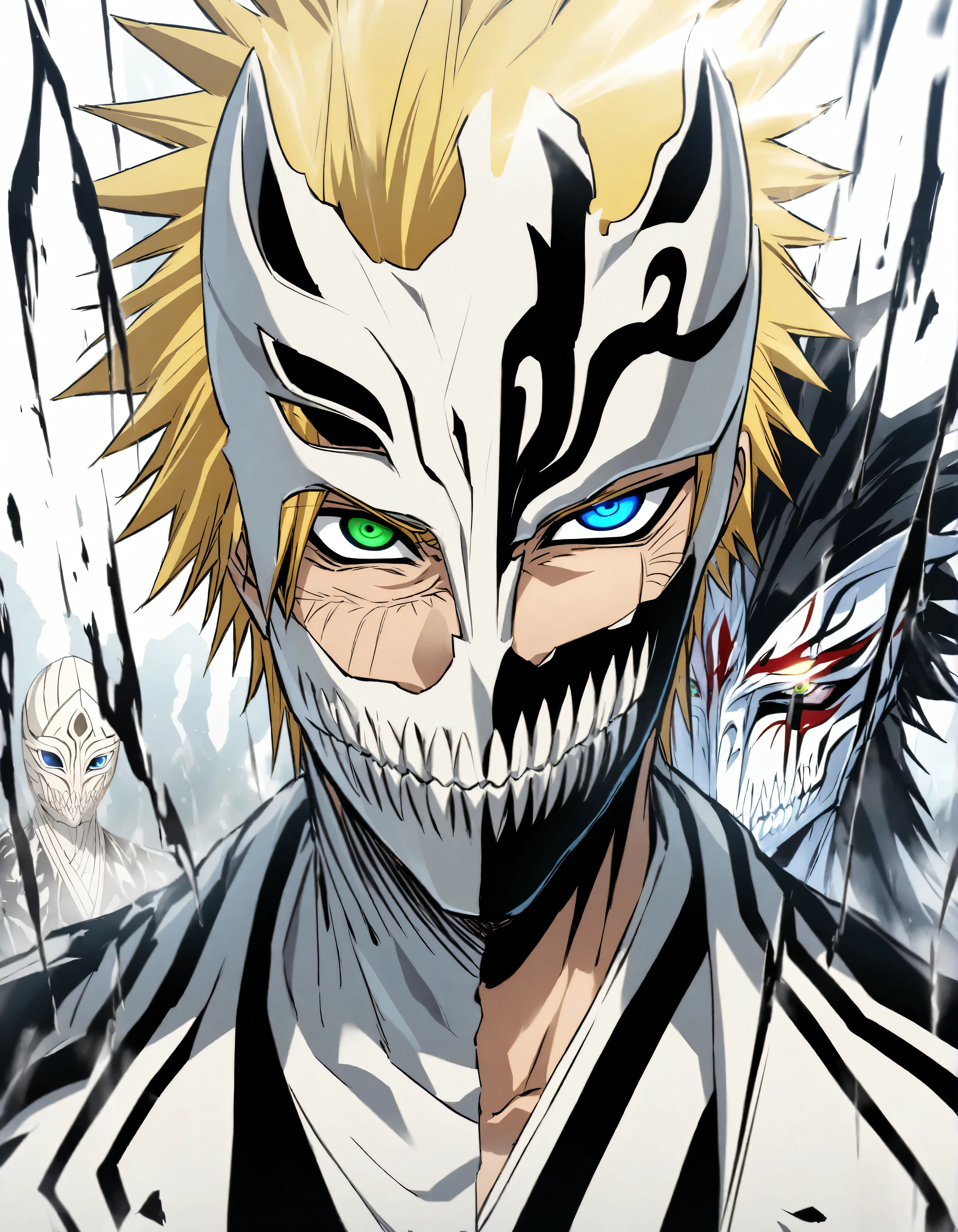 I want to you Creating Anime with Main Character Has Been Reincarnating, Uzumaki Naruto/Boruto Has Been Reincarnating As Ulquiorra Ciffer/Bleach and Morgoth/Lords Of The Rings, A man's With His Hair is Mix between Black and Blonde, the Man's eyes Combination with Left Eyes Colours is Captivating Blue Eyes, Right Eyes Colours Is Intimidating Green Eyes, The Man Wearing White Golden Royale Arrancar Outfit, Fox mask Covering The Man's Upper Face, Calm and Serous expression, Uzymaki_Naruto's Reincarnating As Transcendent Supreme Hollow God