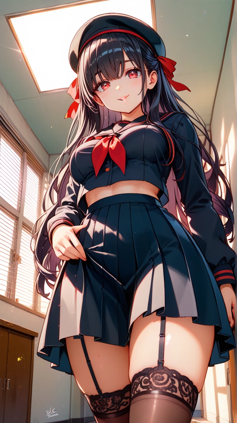 (masterpiece, best quality:1.4), (ultra detailed:1.4), super fine illustration, (official art:1.2), (anime screencap:1.2), detailed beautiful face and eyes, anime keyvisual, perfect anatomy, 8k portrait,
1girl,
Suzune Horikita,
Suzune Horikita \(youjitsu\),
long hair, braid,
black hair,
(red eyes, slant eyes, small eyes),
blue bow,
medium breasts,
red jacket, pleated white skirt, black thigh-high socks,
looking at viewer,
full body,
perfect light, background of indoors, BREAK nsfw, skirt lift, spread legs, show panties, shoot from above, seductive pose, lie on the bed,