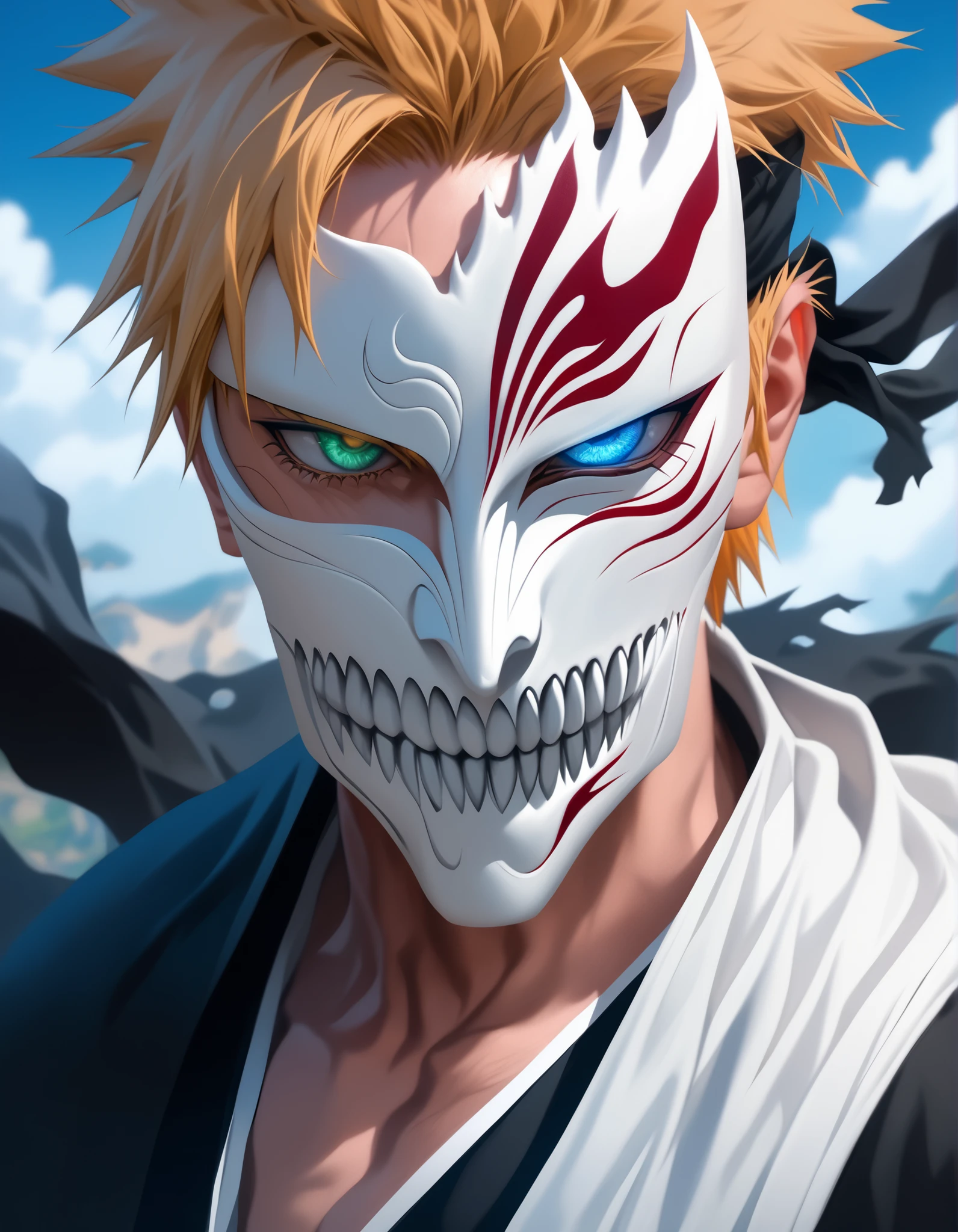 I want to you Creating Anime with Main Character Has Been Reincarnating, Uzumaki Naruto/Boruto Has Been Reincarnating As Ulquiorra Ciffer/Bleach and Morgoth/Lords Of The Rings, A man's With Black Hair, the Man's eyes Combination with Left Eyes Colours is Captivating Blue Eyes, Right Eyes Colours Is Intimidating Green Eyes, The Man Wearing White Golden Royale Arrancar Outfit, Fox mask Covering The Man's Upper Face, Calm and Serous expression, Uzymaki_Naruto's Reincarnating As Transcendent Supreme Hollow God