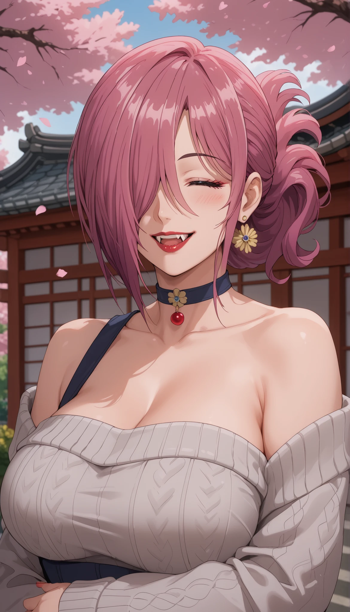 masterpiece,top quality,amazing quality,Kiki ((tenpuru)),1girl,choker,condom earrings,jewelry,pink hair,ponytail,hair covering one eye,closed eye,bare shoulders,white jacket,open mouth,fangs,Street Garden background,smile,lipstick,collarbone,one eye covered,dress,upper body,makeup,Cherry blossom tree background,bare shoulders,grey sweater,red lips,mature woman,big breasts,G-cup breasts,facing viewer,blush sticker,teeth,bare shoulder sweater