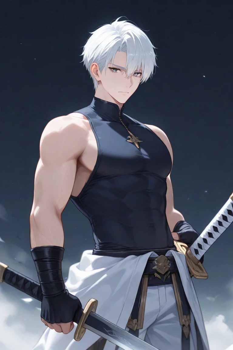 mature male, topless male, white hair, topknot, brown eyes, chest belt, black blade sword over shoulder