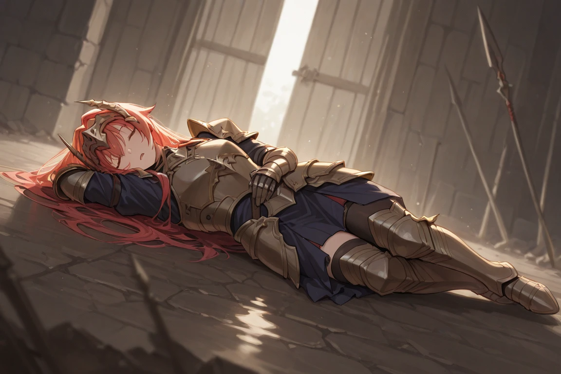 (score_9, score_8_up), score_7_up, score_6_up, Coqueline,(1 girl) ),(beautiful closed detailed eyes), angry face, on open air,beautiful feminine fmgura,sexy (elegant ninja armor),(dirty armor),((chest-fitting armor)),( armor in blood) , One, desert red canyon, orange hair with long braids, dirty hair on the ground,wild hair,( cracked armor,Ragged Armor),breastplate, upper body, day, sky,(The girl is lying on the ground), the girl is dead,((completely destroyed armor)), girl's hand on her stomach, Embryo Pose