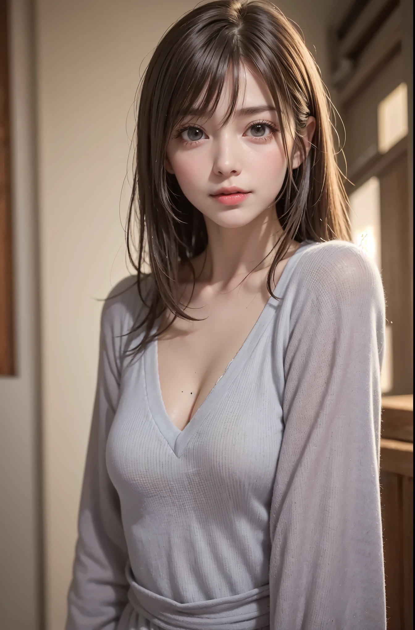 8K, of the highest quality, masutepiece:1.2), (Realistic, Photorealsitic:1.37), of the highest quality, masutepiece, Beautiful young woman, Pensive expression,、A charming、and an inviting look, Oversized knitwear、cleavage of the breast, Hair tied back, Cinematic background, Light skin tone