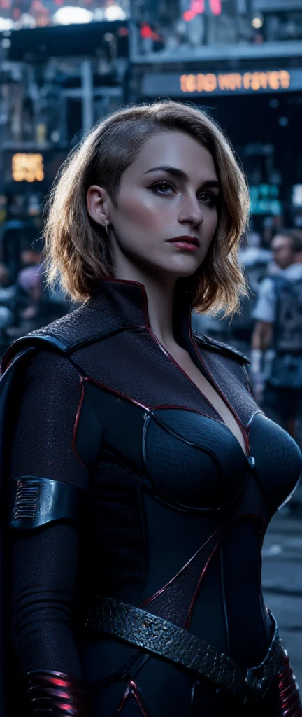Sexy intense woman in a sexy translucent red mesh starfleet loincloth uniform, sexy seductive pose, erotic, powerful, formidable, bare legs, cleavage, blonde bombshell, short hair, athletic, (((eye contact))), (((looking into camera))), (((seducing the viewer))), well lit