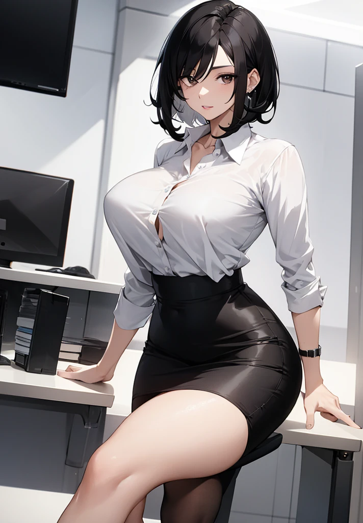 ((((masterpiece, best quality, high resolution)))), very detailed 8K, Beautiful girl with a slender body, (Ultra HD, very detailed, very detailed, 매우 현실적am, surreal, realistic photo), (1 woman:1.5), (Realistic black hair), (short wavy hair), bob cuts, Towards the camera, (Beautiful detailed face, beautiful and delicate eyes), wide hips, (big bust),(cowboy_firing:1.3), (perfect body:1.3),seductive pose, (milf:1.2) , (Hard) , ((office_background)), (office_White_shirt:1.3) , (Black color_short_skirt:1.3), (office_Look at), (only_possession:1.3) , (Black color_pantyhose:1.3) , (behind, back, ~am), (lean forward, blush, shamful face : 1.4)