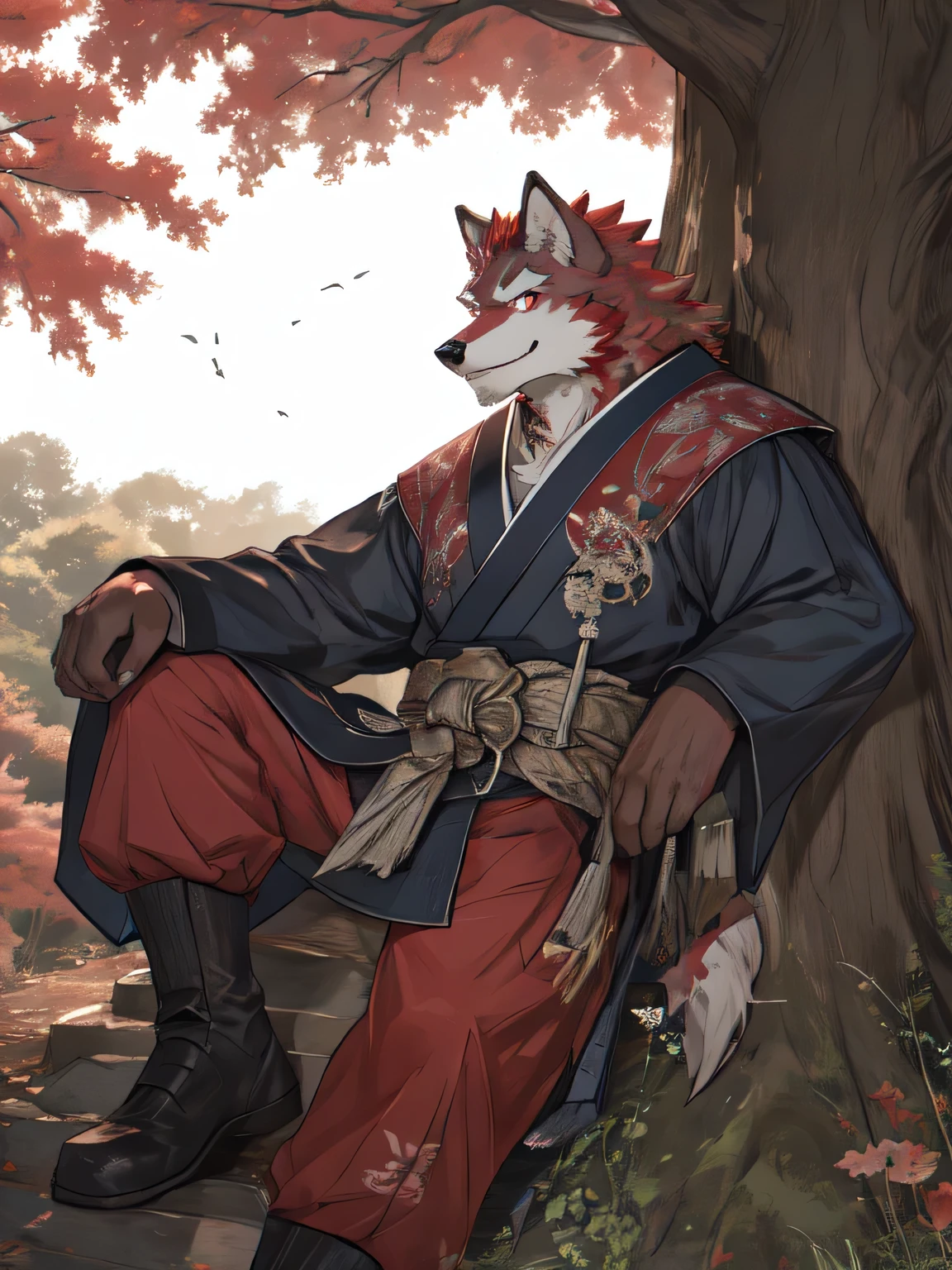 est quality, diederich olsen (/knights college/), wolf, Japanese Clothes, nj5furry, Red Fur, Accurate Red eyes, Medium Muscular Body, Solo, A assassin, sitting on the tree, on a tree, smiling pose, Looking into the distance, smile, full body