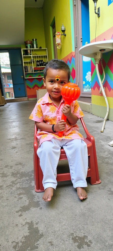 Shree Krishna, 10 years old, adorable cute face, bluish skin, beautiful eyes, divine smile, golden ornaments, long curly black hairs, peacock feathers, flowers, rainbow, forest scenery, colorful, amazing