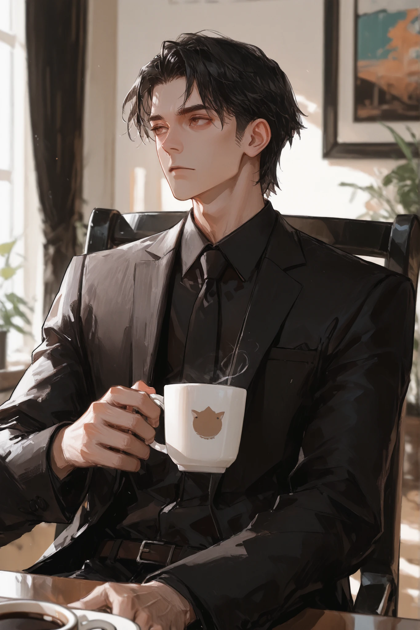 upper body, shoot from front, makes an aesthetic, Master piece, Best Quality, ultra detailed, a handsome man, man, solo, male Short Hair, beautiful black hair, squint, siting a stylish chair, beautiful brown eyes, holding a coffee cup, room, toned, suit