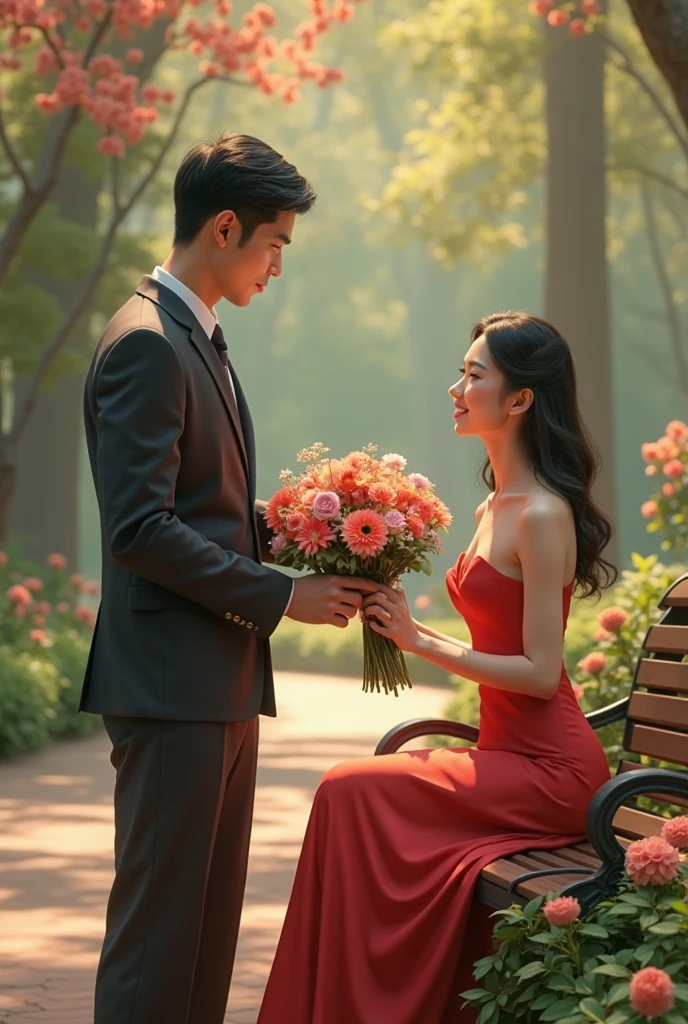 A boy kneeling offering to girl a rose, hand in man back side chocolates box, symbolizing a proposal of love, embrace imminent, intense emotion conveyed in facial expressions, shadows lengthening, romantic atmosphere, soft focus, uses golden ratio, High Quality, Photography, 8K.