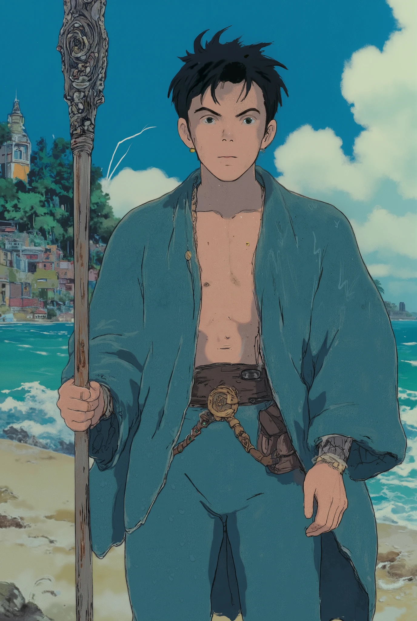 a handsome young man with a blend of features inspired by two references. He has black, messy two part hair that falls naturally, catching the light with a soft shine that enhances his youthful yet refined look.. His body is toned and athletic, like a professional sportsman, with visible abs and a broad chest, giving him an athletic yet elegant appearance. His skin has a natural, slightly freckled texture, adding character to his appearance. His eyes are striking green, like in the first reference, adding a mesmerizing and intense look. Handsome, sexy in a deep azure blue outfit, tunic style that leaves your abdomen exposed, with a wields a large, intricate wood staff in his right hand, pronounced glutes, delicate appearance. beach background photo style