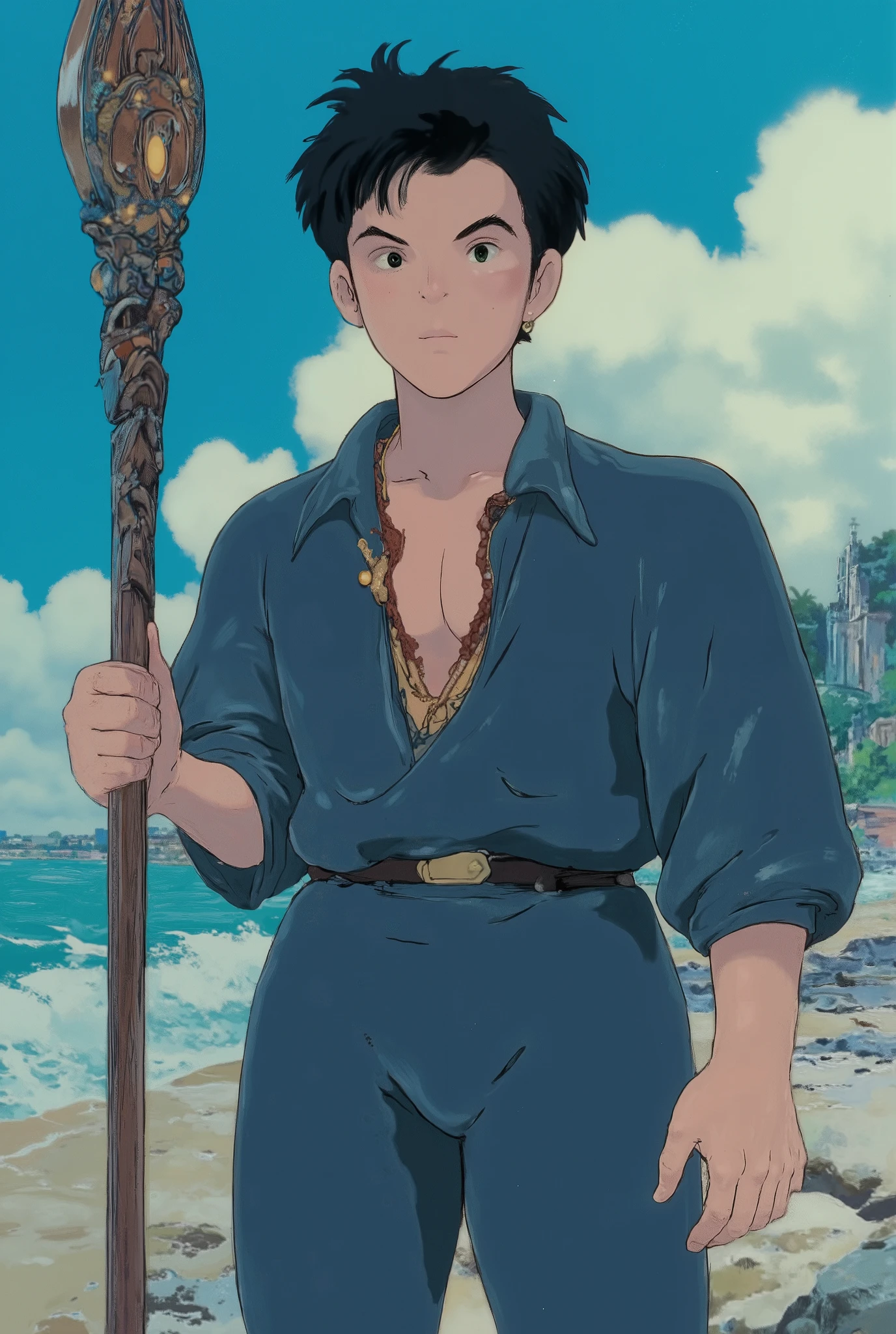 a handsome young man with a blend of features inspired by two references. He has black, messy two part hair that falls naturally, catching the light with a soft shine that enhances his youthful yet refined look.. His body is toned and athletic, like a professional sportsman, with visible abs and a broad chest, giving him an athletic yet elegant appearance. His skin has a natural, slightly freckled texture, adding character to his appearance. His eyes are striking green, like in the first reference, adding a mesmerizing and intense look. Handsome, sexy in a deep azure blue outfit, tunic style that leaves your abdomen exposed, with a wields a large, intricate wood staff in his right hand, pronounced glutes, delicate appearance. beach background photo style