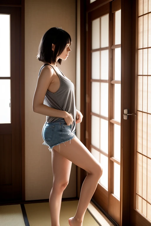 masterpiece, High resolution, high quality, Textured skin, Very detailed, 超High resolution, ((masturbate violently:1.5)),Sexy Idol,Although she has a baby face,Super Sexy Cute,Sexual expressions,(A face of pain with closed eyes and a small open mouth,sexual excitement),Long Hair,bangs,Light Hair Color,Fashionable,Tank top,Fashionable,Ultra Short Micro Denim Mini Skirt,No underwear,Large Breasts,Voluptuous Thighs,Excellent style,Thighs,Between the legs,Emphasize,(Angle to knee:1.3),(no panties:1.5),nsfw,(spread pussy:1.5)