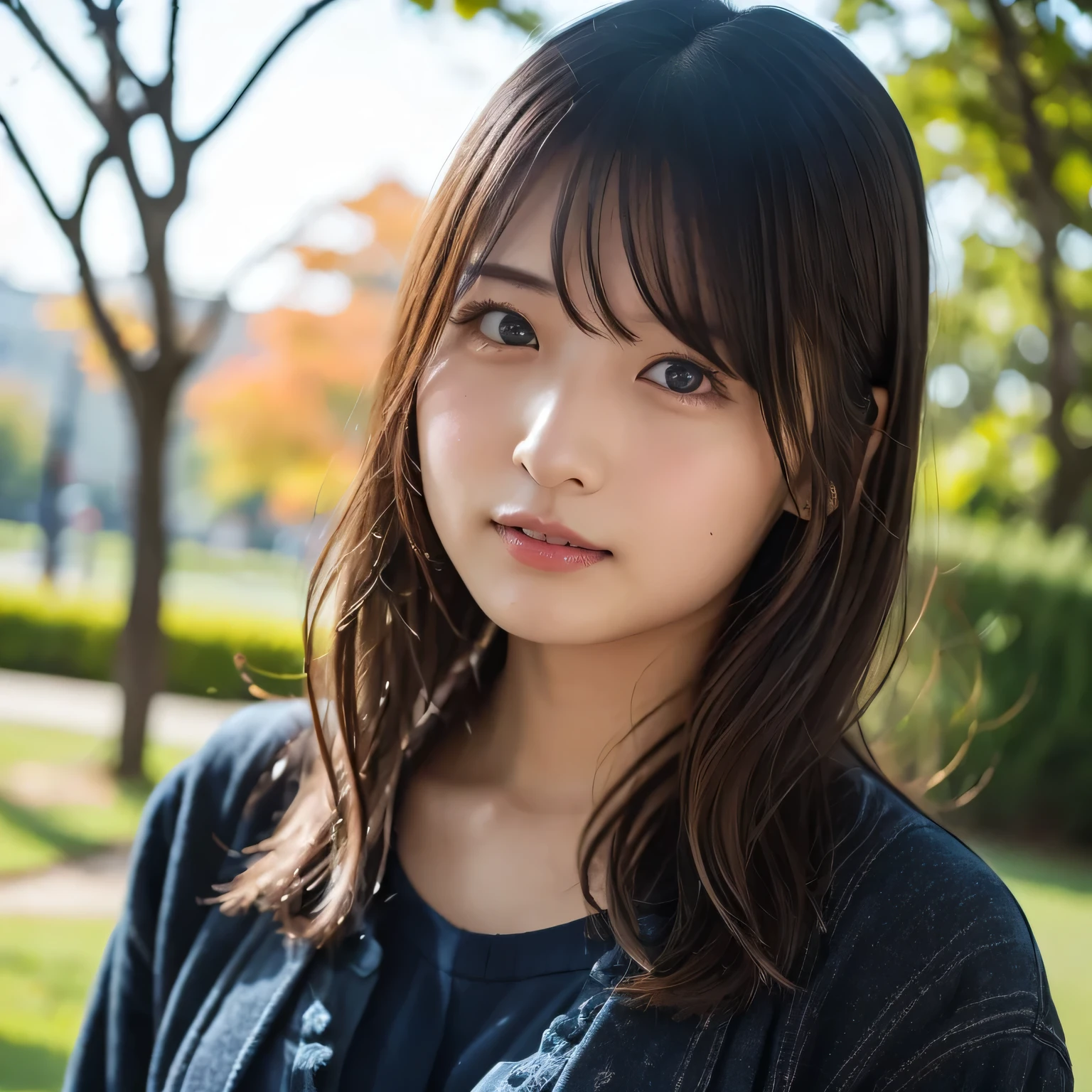 A girl standing in the park:1.5、very wide angle lens:1.8, 全身ショット:1.8、美脚:1.8、 in 8K,Best Quality:1.4, 超A high resolution:1.5, (Photorealistic:1.4),​masterpiece:1.2,(top-quality:1.4)、Raw photo、１a japanese girl、Cute、草原、ワンピース、フラフィーレース、風が吹いている、もっている、笑顔、美しい脚,(((ミニスカート:1.８、太もも:1.4、綺麗な足:1.5、美脚:1.8)))、 (Shy smile:1.3), Smooth skin、30-years old:1.5、Beautiful black eyes、natural skin textures:1.3, realistic eyes and face details、 (Brown medium hair,Bangs),、middlebreasts、 乃木坂、グラビアアイドル、グラビア写真、後ろ姿