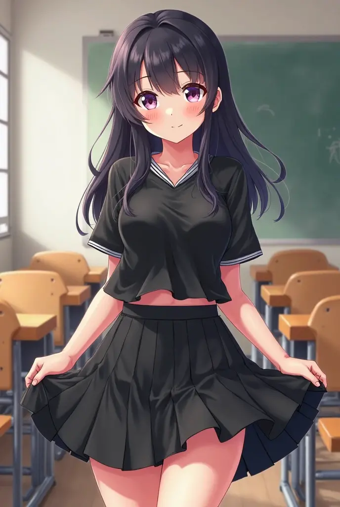 arafed woman in a skirt posing in a classroom, cute , a hyperrealistic , hyperrealistic , realistic , school girl, dressed as , wearing , wearing skirt, of a posing, wearing a , japanese model, girl wearing uniform, thighhighs and skirt, bare chested. No shirt on