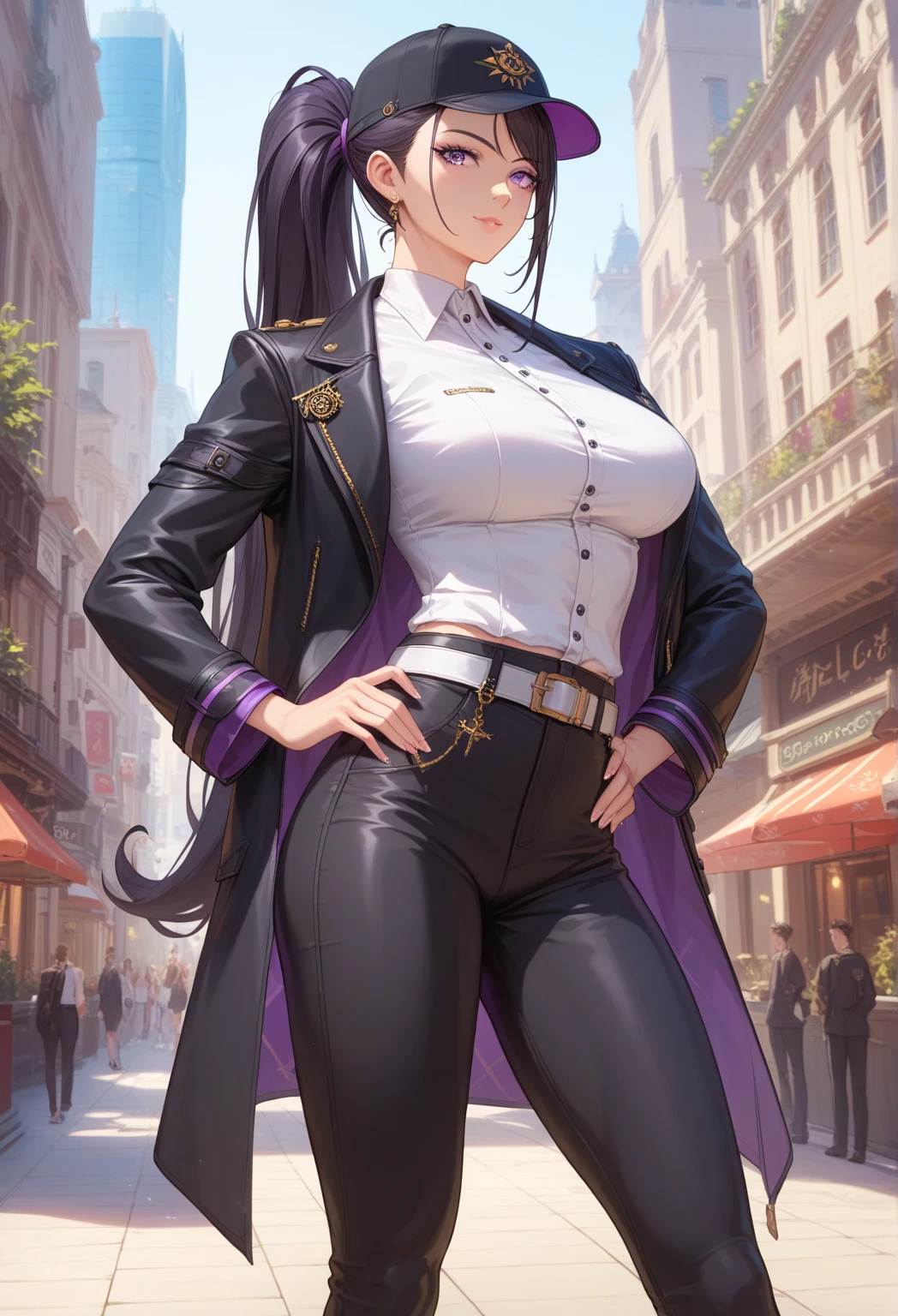 (masterpiece:1.2, highest quality), (realistic, photorealistic:1.4), beautiful illustrations,
looking at the viewer, whole body, Front view:0.6,
((1 female:1.9)), ((Princess cut long black straight hair:1.9)), ((big breasts:1.6, big ass))
beautiful hair, beautiful face, beautiful and detailed eyes, (yellow eyes:1.3), beautiful clavicle, beautiful body, beautiful breasts, beautiful thighs, beautiful feet, beautiful fingers, perfect anatomy:1.3, perfect anatomy
(In town:1.4)
((three piece suit:1.8, choker:1.6)),
((Grasp the hem of the skirt with your right hand, put your left hand on your chest, open your legs:1.3)),
(Look at the viewer while blushing:1.3)