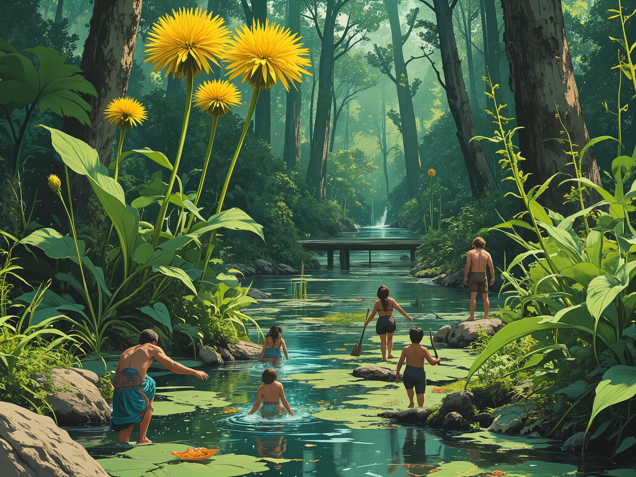Fantasy-style (shrinking adventure:1.5), capturing the wonder and chaos of a tiny, shrunken world inspired by 'Honey, I Shrunk the s.' The scene features a group of miniature people navigating an oversized backyard transformed into a colossal jungle. Towering blades of grass stretch high above them, their massive stems forming a maze-like landscape. Dew drops cling to leaves like shimmering lakes, and fallen twigs resemble enormous bridges connecting different parts of this micro-world.
The group is shown overcoming obstacles with creativity and teamwork—a climbs a gargantuan dandelion, while another paddles across a puddle in a makeshift leaf canoe. Close-ups reveal every detail of their shrunken environment, such as the intricate veins on leaves or the textured surface of a gigantic pebble.
The atmosphere is filled with vibrant colors and playful yet adventurous vibes, with lighting that highlights the tiny scale of the characters compared to their surroundings. Style: cinematic realism with bold contrasts, vibrant tones, and hyper-detailed perspectives that bring this shrunken backyard world to life. The lines are crisp, clean, and perfectly aligned, ensuring a flawless depiction of anatomy and perspective