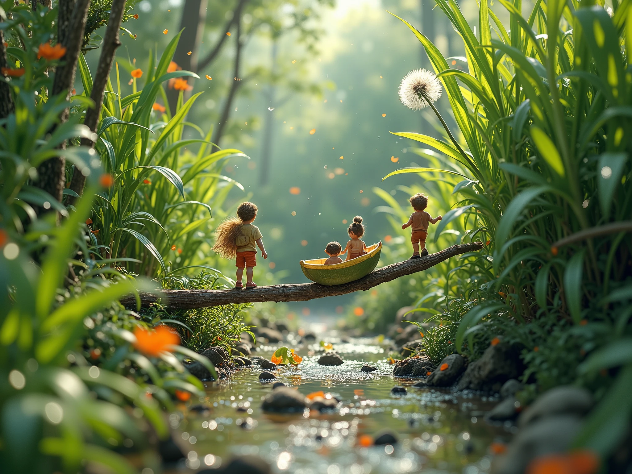Fantasy-style (shrinking adventure:1.5), capturing the wonder and chaos of a tiny, shrunken world inspired by 'Honey, I Shrunk the s.' The scene features a group of miniature people navigating an oversized backyard transformed into a colossal jungle. Towering blades of grass stretch high above them, their massive stems forming a maze-like landscape. Dew drops cling to leaves like shimmering lakes, and fallen twigs resemble enormous bridges connecting different parts of this micro-world.
The group is shown overcoming obstacles with creativity and teamwork—a  climbs a gargantuan dandelion, while another paddles across a puddle in a makeshift leaf canoe. Close-ups reveal every detail of their shrunken environment, such as the intricate veins on leaves or the textured surface of a gigantic pebble.
The atmosphere is filled with vibrant colors and playful yet adventurous vibes, with lighting that highlights the tiny scale of the characters compared to their surroundings. Style: cinematic realism with bold contrasts, vibrant tones, and hyper-detailed perspectives that bring this shrunken backyard world to life. The lines are crisp, clean, and perfectly aligned, ensuring a flawless depiction of anatomy and perspective
