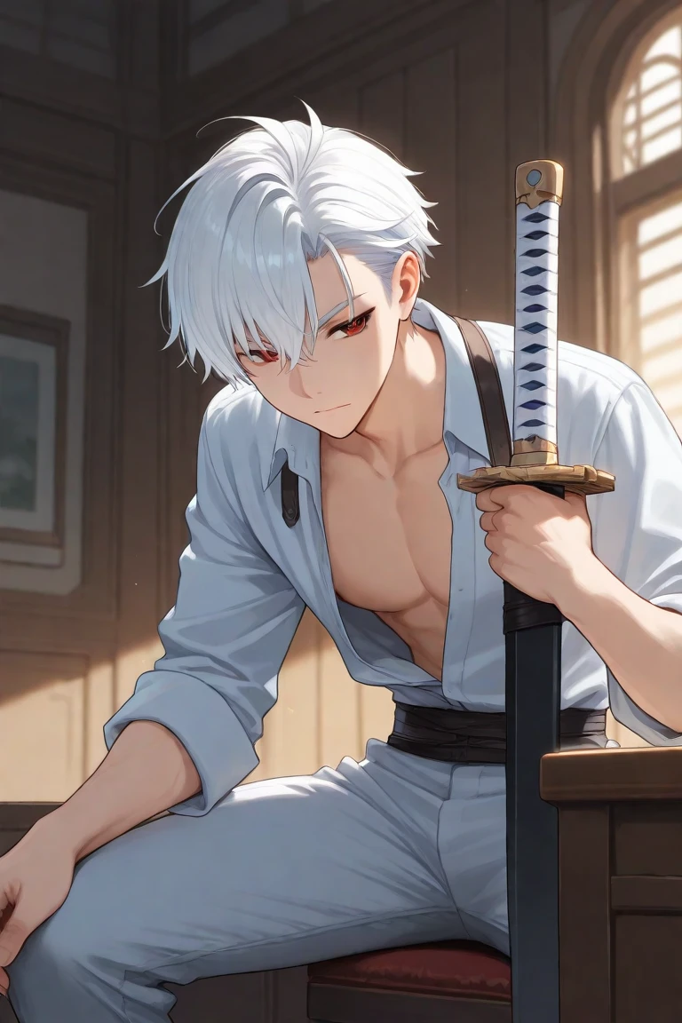masculine male, masterpiece, ((perfect eyes)) best quality, (semirealism:1.9), beautiful lighting, (extremely detailed CG unity 4k fhd wallpaper), High Detail, Sharp focus, dramatic outdoors, 1 boy ,19 years old, white hair, light purpel eyes, holding a big sword