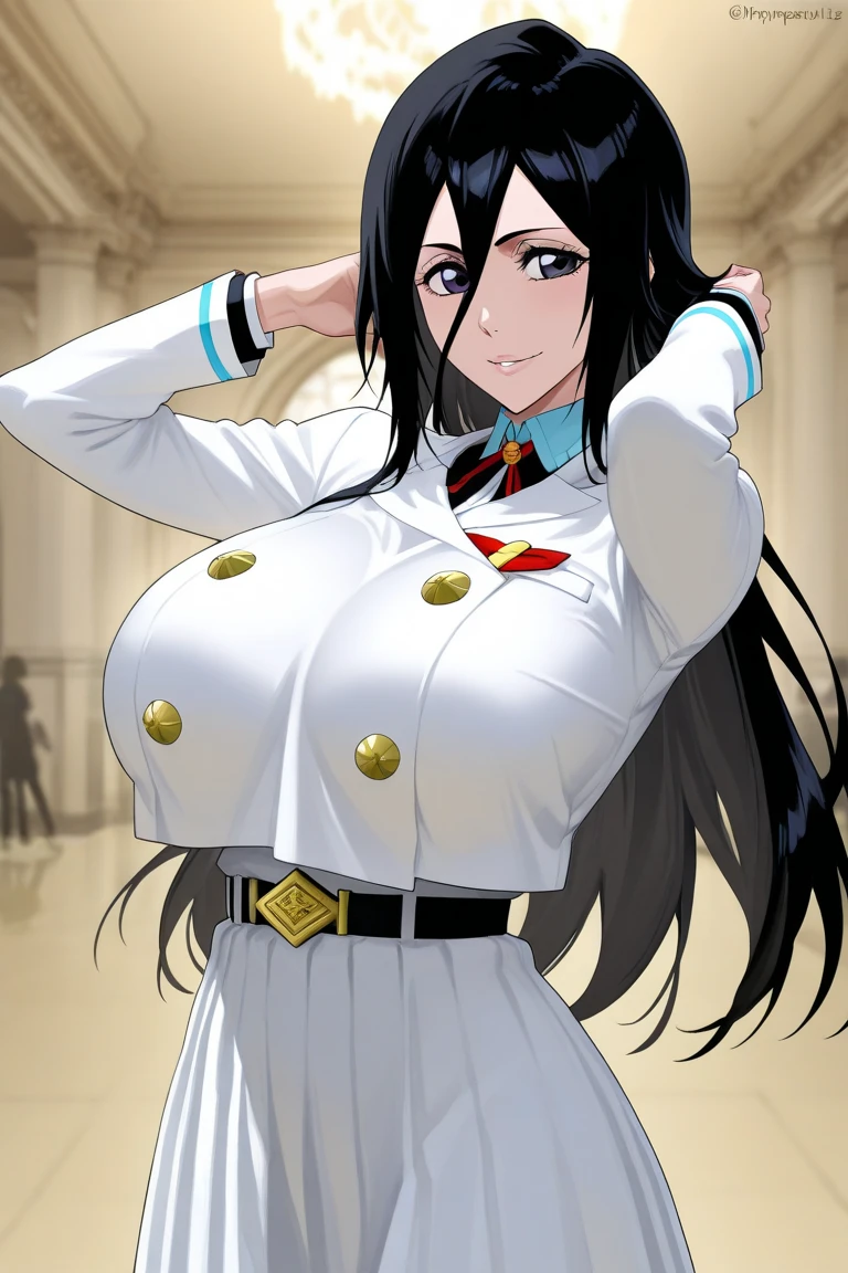 Super high quality CGI animation 8k, very detailed, Digital Art Painting, 1 girl, Happy, smile, looking at the viewer, blunt bangs blunt ends princess cut bangs, black hair, very long hair, , clothing_lace queen,F1 Racing,blue sky, pose,