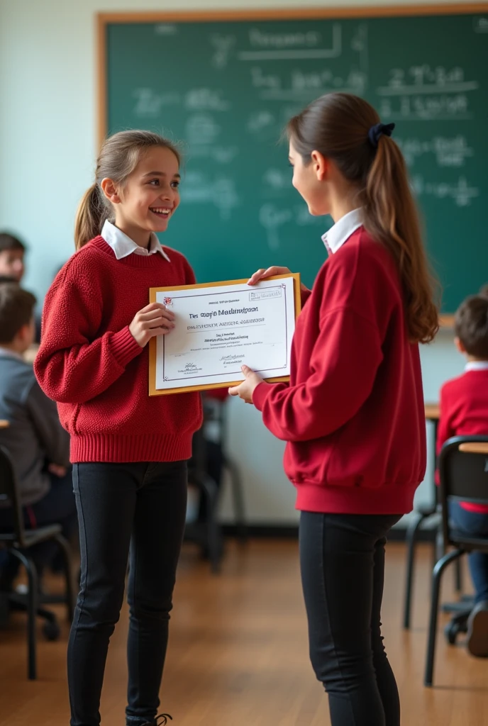 A school teacher awarding a medal to a girl