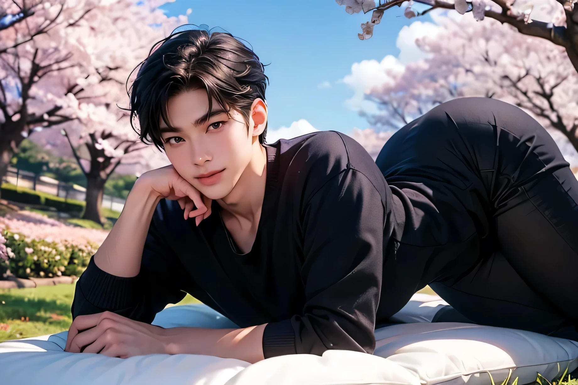 Two Japanese men Two cute handsome very short black hair casual with short hem blue sky Cherry blossom trees in the background cherry blossoms in full bloom Mega Bulge guysで寝て抱き合う down touches his butt smile A beautiful guy guys