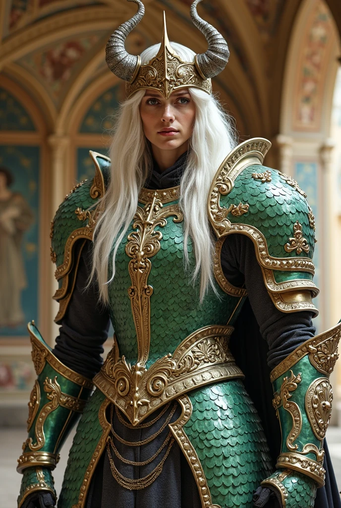 Standing figure in ornate armor, featuring intricate green and golden scales that form a protective and decorative design. Long, flowing white hair cascades down the shoulders, complemented by a regal helmet with elaborate horn-like protrusions. The pose is confident and poised, with one arm at the side, embodying a commanding presence. The background, featuring grand architecture with artistic murals, adds to the majestic and ancient atmosphere. Light illuminates the armor, highlighting the sheen of the scales and the intricate details.