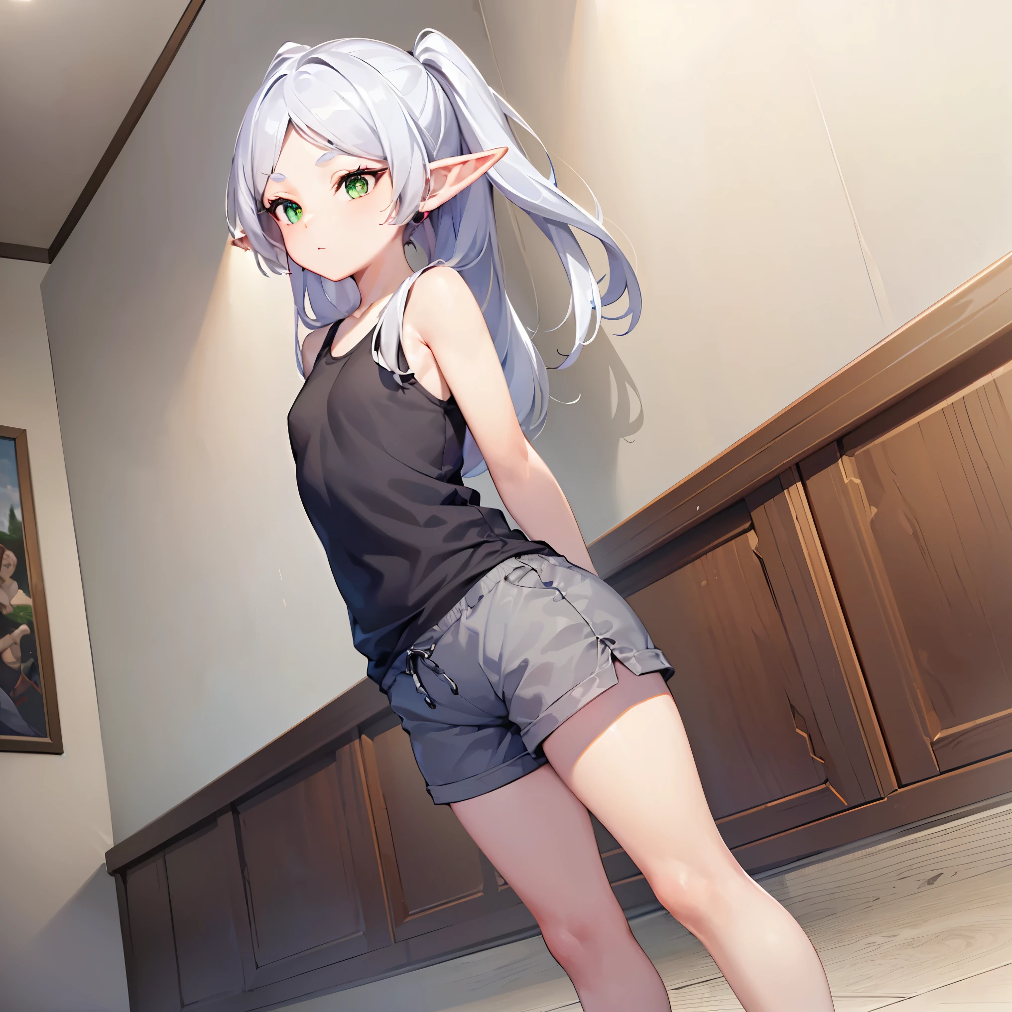 1girl, Female Elves (The gray tank top/sleeveless and The Red and Black shorts /barefoot shorts 3.7) small  WHITE HAIR A  girl Standing Masterpiece, Anatomically correct, (Green eye 7.4) From Suave Anime CG Art, 