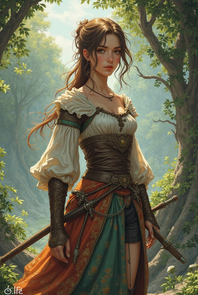 1woman, adventurer, medieval, walking through the forest , smiling, curvy, soft midriff.