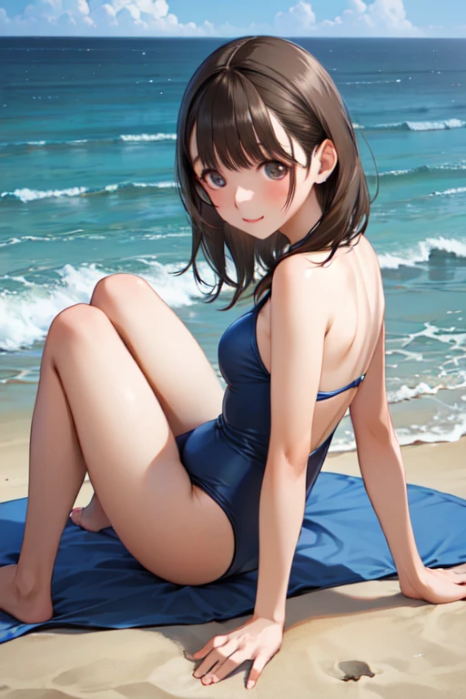 Alafed woman sitting on the beach in blue swimsuit, Young skinny gravure idol, cute girl wearing a tank suit, Young Pretty Gravure Idol, Young Sensual Gravure Idol, Young Gravure Idol, Chiho Aoshima, mayuri shiina, Yasumoto Oka, Aoi Ogata, Sana Takeda, Aya Takano((top-quality))、((​masterpiece))、1girl in、Formal-up、beautiful detailed eyes and face、pretty skin、a very cute、22year old、School swim wear(darkblue、Simple design、Matte texture、Wrinkle、Polyester material、Nero、shadings、)Wet body、Anime Face、Beautie、Facing the front、big eye(Beautiful fece、Anime Face、Clear eyes、Fine details、Beautiful eyes)Well-formed face(Beautiful nasal muscles、Perplexed、sharp mouth)full of sweat、sodden、Wet feeling、Background with(sunny sky、takeout)、8K picture quality、perfectly proportions、A slender、red blush、female focus on, hair adornments,length hair, Look at viewers,