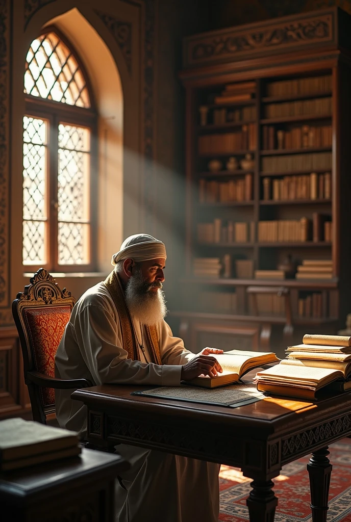 A muslim scholar of old times, dressed in white, sitting on his mat, under yellow light of fired lamp, studying from the scriptures, surrounded with lot of religious scripts.