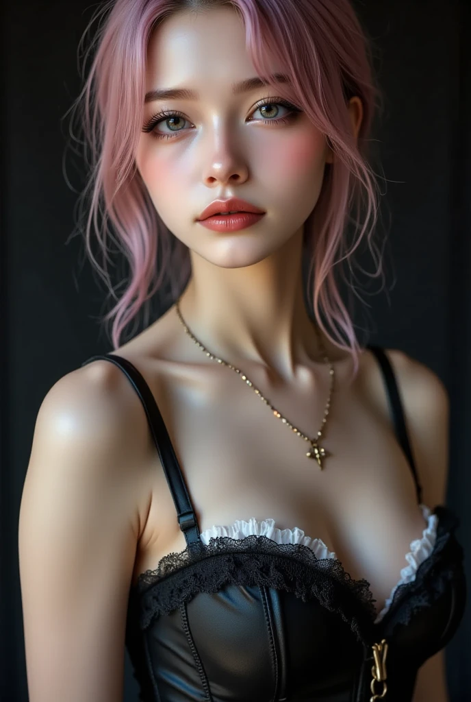 masterpiece, best quality, illustration, bun pink hair, Platinum Earrings, Platinum Necklace, White evening dress, High turtle neck clothes,Not showing breasts,1 girl, Lovely, (dynamic lighting:1.2), Cinema lighting, Exquisite facial features, Delicate blue eyes, Wear half-rimmed glasses(focus),sharp pupils, realistic student, depth of field, Bokeh, sharp focus, (Super detailed, bloom, glow:1.4) huge breast