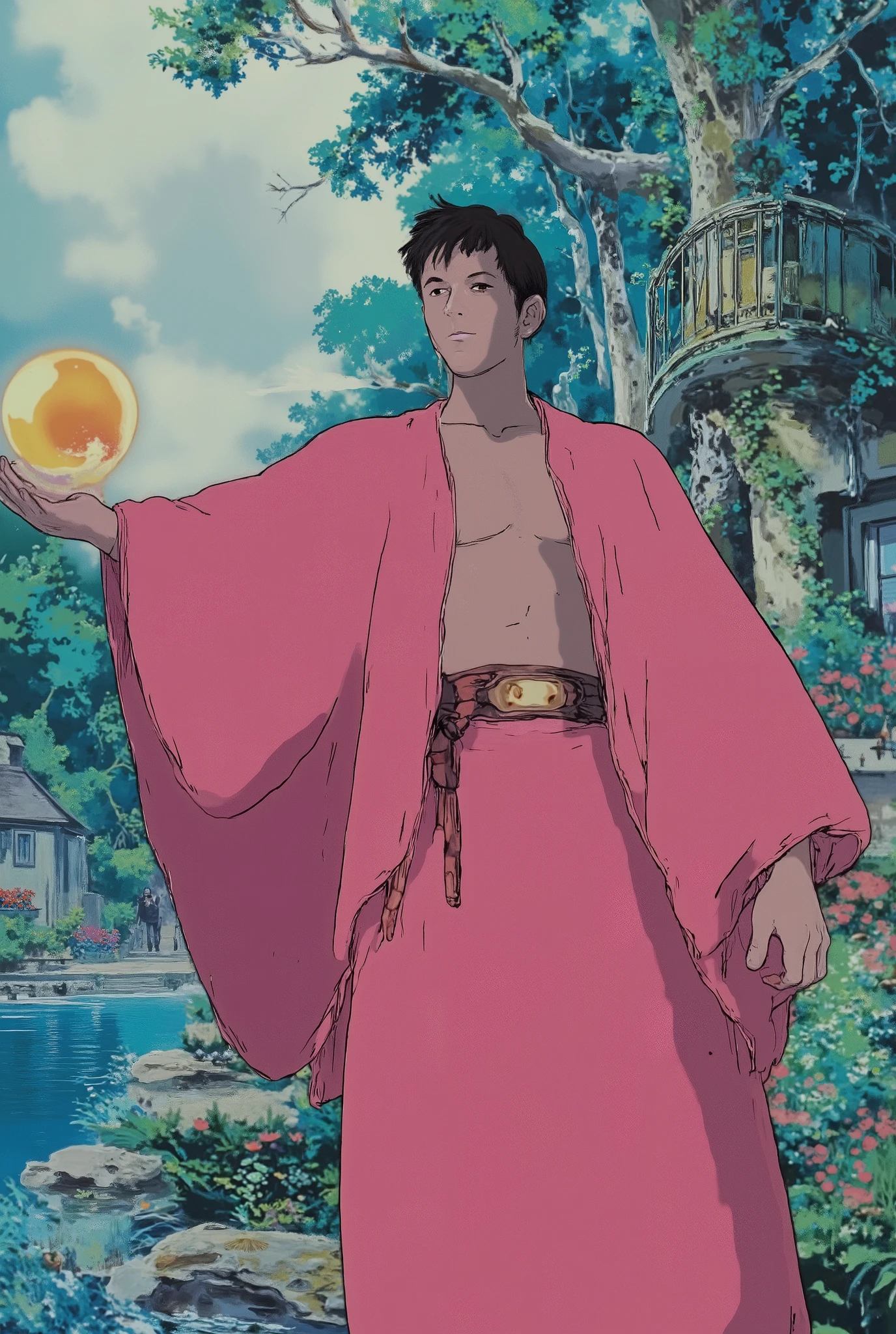 Young wizard man, Handsome, sexy in a rich pink outfit, tunic style that leaves your abdomen exposed, with a glemering golden energy sphere in his right hand , pronounced glutes, delicate appearance. lake background photo style. super detailed, UHD, 8k, epic realism, fantasy art, photo art