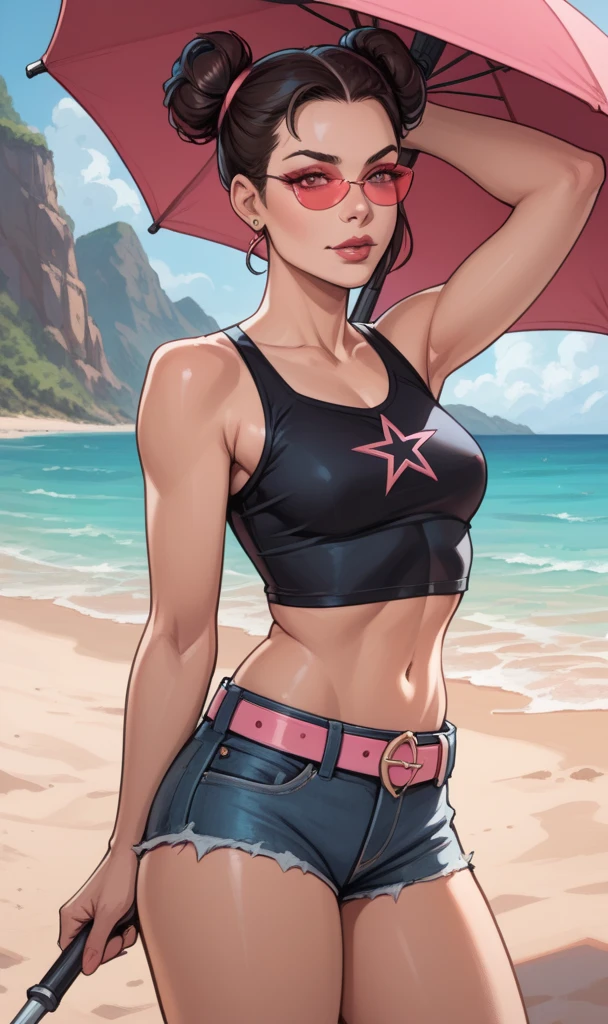 (high quality, Meilleur rendu), (belle femme, aux cheveux noirs, Aux yeux bleus), (Bombe, style pin-up), psychopathe, visage fou, pose sexy, ((bas de bikini uniquement)), ((Pas de haut)), ((nu, fous)), ((nu)), pastel, center, scale for s'adapter aux dimensions, micro string, micro-bikini, orteil de chameau