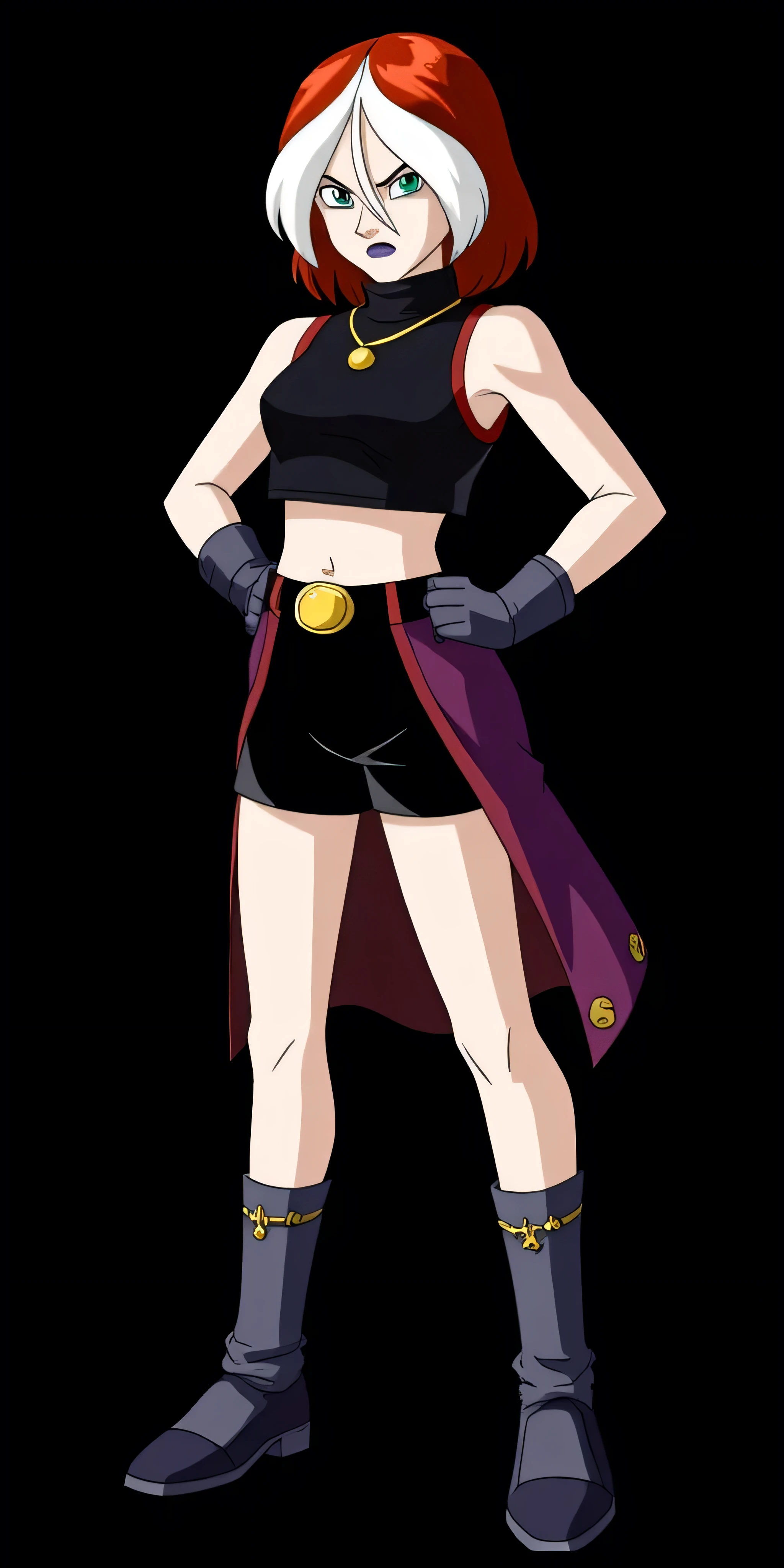 Nome: Lys Vermillion
Age: 18 years
Race: Humana ( Wiccan sorceress )
Universo: Dragon Ball Super
Animation Style: Akira Toriyama's classic traits produced by the studio TOEI Animation (anos 90), Clean lines, expressive eyes and well-defined silhouettes.
---
Physical appearance :
Cabelos: Short to neck height, red-orange with a vibrant tone that recalls living flames. Two highlighted white locks fall symmetrically next to the face, with natural movement . Her hair is slightly wavy at the tips, giving volume and lightness to the look.
Olhos: light blue-green, intense and enigmatic, with the sharp glow of a sorceress that already You saw more than meets the eye. The look is firm and direct, often cold, with an air of challenge and wisdom beyond age.
Estatura: Average (cerca de 1,65m), with a well-proportioned body. Athletic and elegant silhouette, the result of her mystical and acrobatic training.
facial expression: cocky look, calculista, I hardly ever smile. Her expressions follow the line of Android 18: frias, slightly ironic, with a touch of restrained arrogance. Top/Cropped: A black cropped with high collar and sleeveless, with details in dark purple and burnt red on the outlines, inspired by ancient magical robes, but with a modern touch . In the center of the collar, a small gold pendant in the shape of a waxing moon.
asymmetric robe skirt: A dark purple magic skirt with side slits deep ones that resemble a robe, covered with mystical symbols that shine discreetly when she activates her spells. Por baixo, she wears tight black shorts, Battle style.
Botas: knee-length black leather boots, with gold buckles, ideal for combat. They have reinforced soles, suitable for both How much for the magic of displacement.
socks ¾ : gray-purple, with runes embroidered in gold on the sides, protected by enchantments. Black screen background.