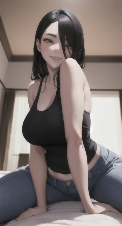 (best quality)), ((masterpiece)), (detailed), perfect face,A girl (she's from Indonesia, 16 years old, her hair is yellowish-black, her tits are ultra huge, she wears a gray tanktop, she wears short jeans) is lying with a guy (he's from Germany, 24 years old, topless, handsome) on a hotel bed. 