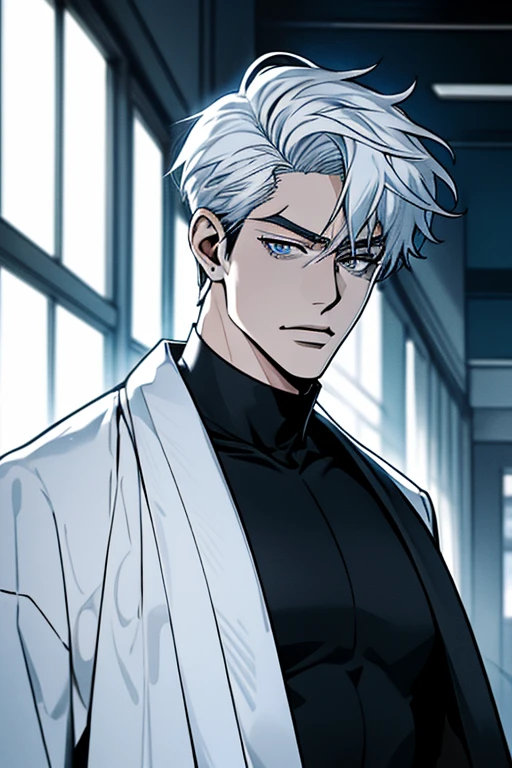 A handsome male, he has white hair, almost always disheveled, and always combed up, like the hair of the character Satoru Gojo from the anime Jujutso Kaisen, but he has a certain look to him. He is tall, with broad shoulders, muscular. His face is very masculine, but he has really kind eyes. Extremely attractive crystal blue eyes, a sleazy face. The eyelashes, as well as the hair and eyebrows are white as snow, but without being exaggerated. large bulge. pants pants. black high collar shirt, a very attractive man.