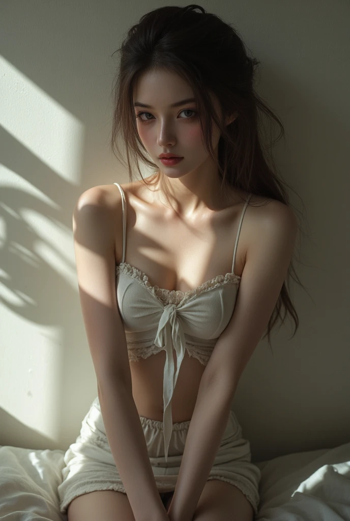 (((A tall and beautiful girl with a slender body like a model is wearing white, wet, thin, small and transparent underwear))), (She is lying on bed), (her arms up and her armpit visible.), (She widely opens her legs), ((Her chest protrusions and crotch slit are visible through her underwear)), Disheveled hair, Inviting look, big tits, (raw photo:1.2), (photorealistic:1.4), very detailed face, beautiful detailed eyes, ridiculous, incredibly ridiculous, huge file size, super detailed, high resolution, very detailed, best quality, masterpiece, illustration, very detailed, unified, 8k wallpaper, amazing, fine details, masterpiece, best quality, cinematic lighting