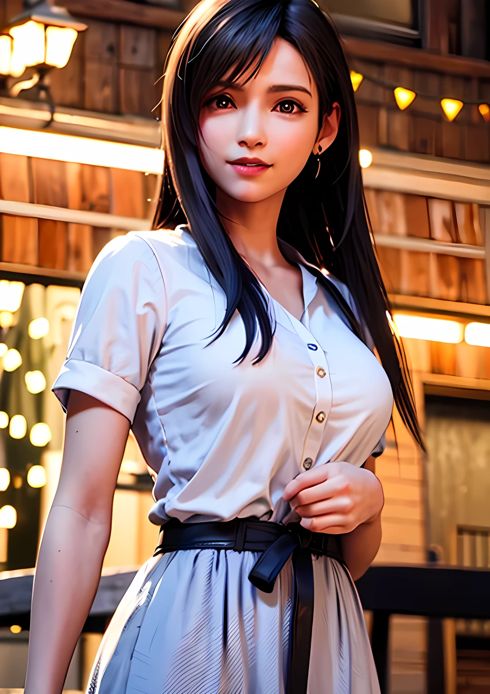 ff tifa_Lockhart, parted lips, smile, shy ass, cowboy lens, (White Summer Dress), clear, Outdoors, Big Breasts, Hair, Brushing, beautiful detailed red eyes, Face Light, cinematic lighting, the background is blurry, Clear Ear Covers, highly detailed 美しい face and eyes, I'm wearing a plaid skirt and white shirt, I wear a striped shirt and dark pants and green socks, thoughtful gestures and bright smiles showing a festive and playful vibe.