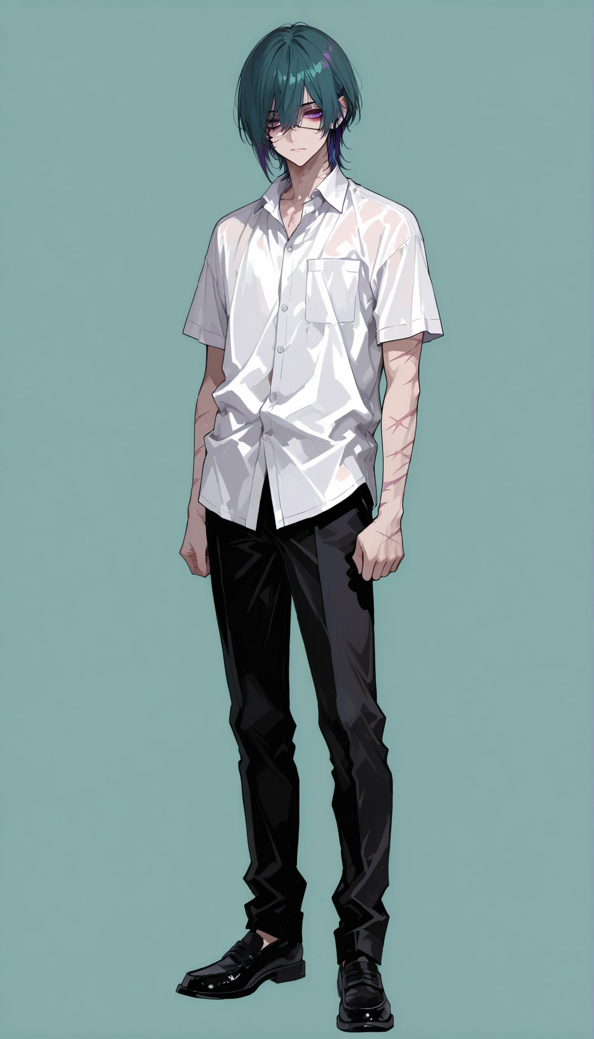 (((Highest Quality))), (Simple background), 1boy, full body, standing, short hair, dark teal hair, wolf cut hair, purple eyes, eyebags, disheveled, eyebags, school uniform, white collared shirt, short sleeves, black pants, scars