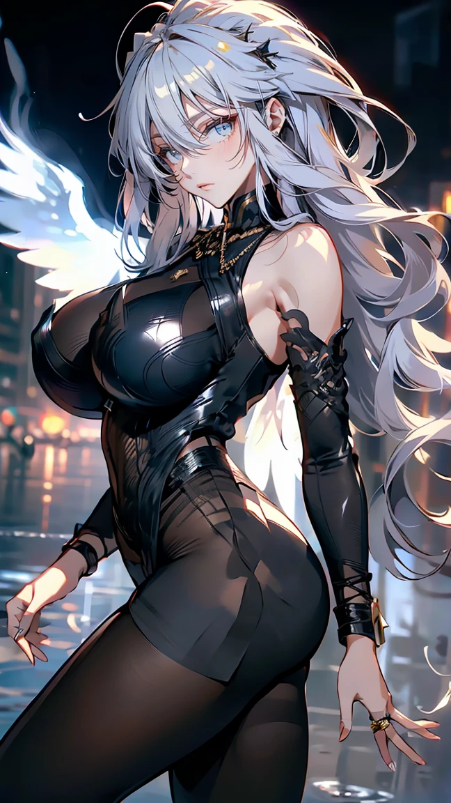 1female，35yo，plumw，extremely large bosom， 独奏，（Background with：Huge machinery，droid，the sea，battleships，Huge mechanical armor，） with long white hair，bobo head，Stand on the plane，，seen from the front， hair straight， mostly cloudy sky，（（（tmasterpiece），（Very detailed CG unity 8K wallpaper），best qualtiy，cinmatic lighting，detailed back ground，beatiful detailed eyes，Bright pupils，Blue eyes，Snow-whiteskin，Redlip（Very fine and beautiful），（Beautiful and detailed eye description），ultra - detailed，tmasterpiece，））facing at camera，A high resolution，ultra - detailed），revealing breasts，Bare genitalia，  Bulge，legs are open，Raised sexy，Camel toes，Flushed complexion，Desire for dissatisfaction，frontage，US Navy，Officer's cap，Snowflake decoration，（Wearing：Cloak，General's uniform，lacepantyhose）