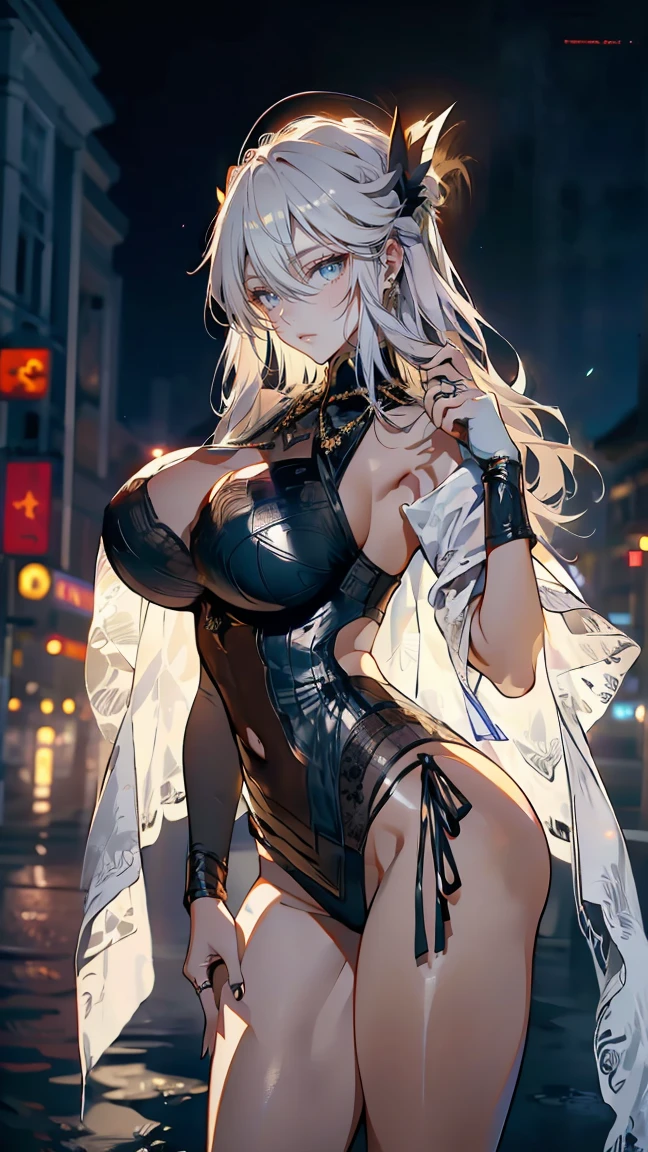 High resolution、Girl、Silver Hair、Long Hair,(),Lion ears、Grey Eyes、Slender、Toned body、military,Tattoo,