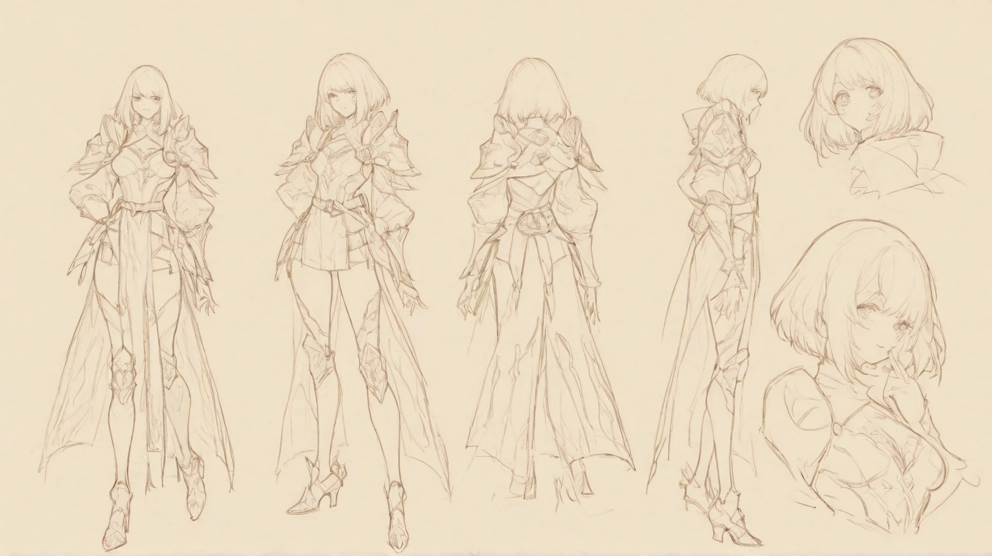 Turning Blade, Character Design Sheet, Same character, side view, back view, front view, conceptual art;