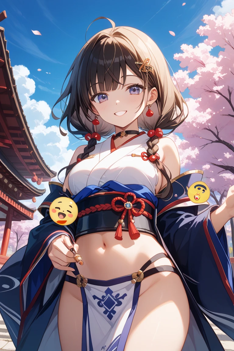 4 women, multiple women, twins, long hair, ponytail, short hair, breasts, looking at viewer, blushing, smiling, open mouth, blue eyes, brown hair, ribbon, navel, animal ears, exposed shoulders, underwear, tail, white hair, :d, thighs, multi-colored hair, hairband, necessarily large breasts, sleeveless, fangs, abdomen, belly, two-tone hair, high leg, horse ears, blue sailor collar, Uma Musume, horse tail, black hair, hair ornament, sitting, yellow eyes, thighs, exposed navel, heterochromia iridum, skimpy clothing, chest curtains, long hair, , smiling, open mouth, skirt, blonde, red eyes, exposed shoulders, thighs, outdoors, sleeves removed, kimono, wide sleeves, armpits, obi, bells, sideboob, cherry blossoms, hakama, hakama skirt, non-traditional shrine maiden, hair bells, hakama short skirt