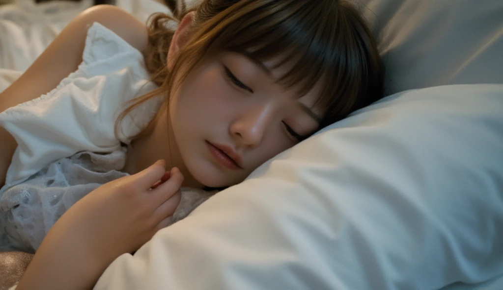 highest quality, Soft Light, Ultra-high resolution, (Realistic:1.4), RAW Photos,
1 Japanese girl, alone, cute, (pupil, Light in your eyes), Beautiful face in every detail, (Small box),(High resolution detail of human skin texture),She wears a black frilly maid outfit、She has a maid frill on her head.、Red cheeks、Sleeping with eyes closed
(Long Hair),Thin, beautiful, perfect fingers、Slim and beautiful body indoors,Lying in bed、Sleeping together、
(Portraiture)