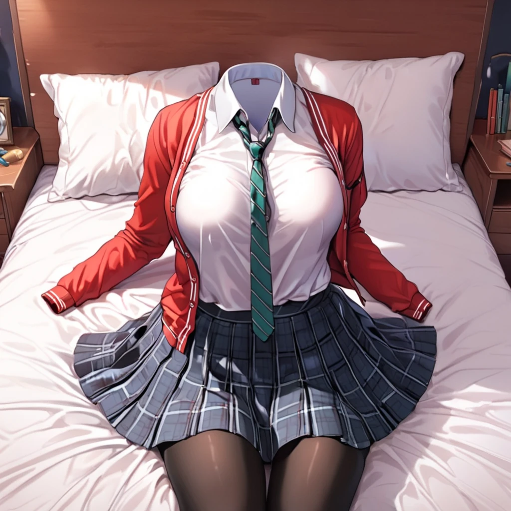 (invisible:1.5, no humans:1.5, headless:1.5, faceless:1.5), (School uniform, cardigan, plaid skirt, black pantyhose, striped tie, on bed:1.2), (cute big breast), detailed cloth texture, ((1 girl))